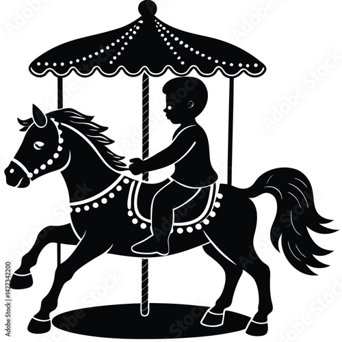 Carousel Horse & Boy Silhouette Illustration: Vintage Fairground Ride, Nostalgic Black & White Clipart, Children's Theme Design