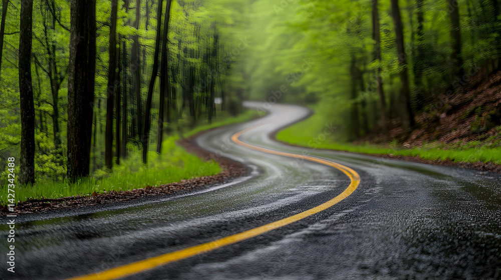 Fototapeta premium Winding Road Through Green Forest On A Rainy Day