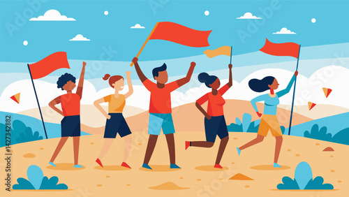 Snatching the flags from the ground the victorious runners raise them up triumphantly cheered on by the crowds gathered on the beach.. Vector illustration