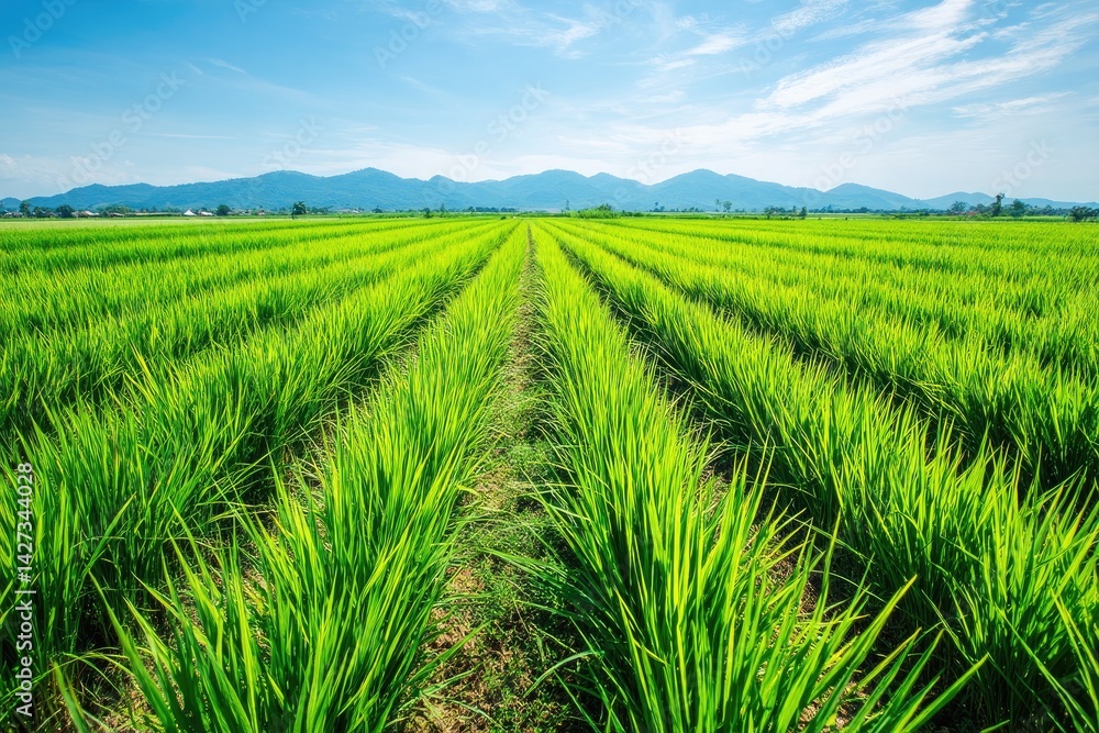 Lush green paddy fields stretch towards distant mountains under a vibrant blue sky Lush green paddy fields stretch towards distant mountains under a vibrant blue sky