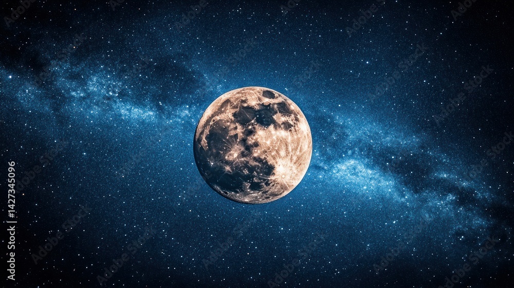 Fototapeta premium Full moon, Milky Way, night sky, space, cosmic, background, celestial, astronomy, wallpaper, design