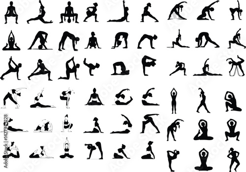 Yoga poses silhouette. Women in different asana.  silhouette girls set doing sport exercise stretching in different poses in black color on
 