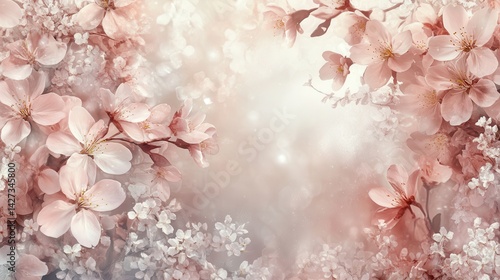Delicate pink and white cherry blossoms frame a softly lit, ethereal background, creating a dreamy, floral aesthetic