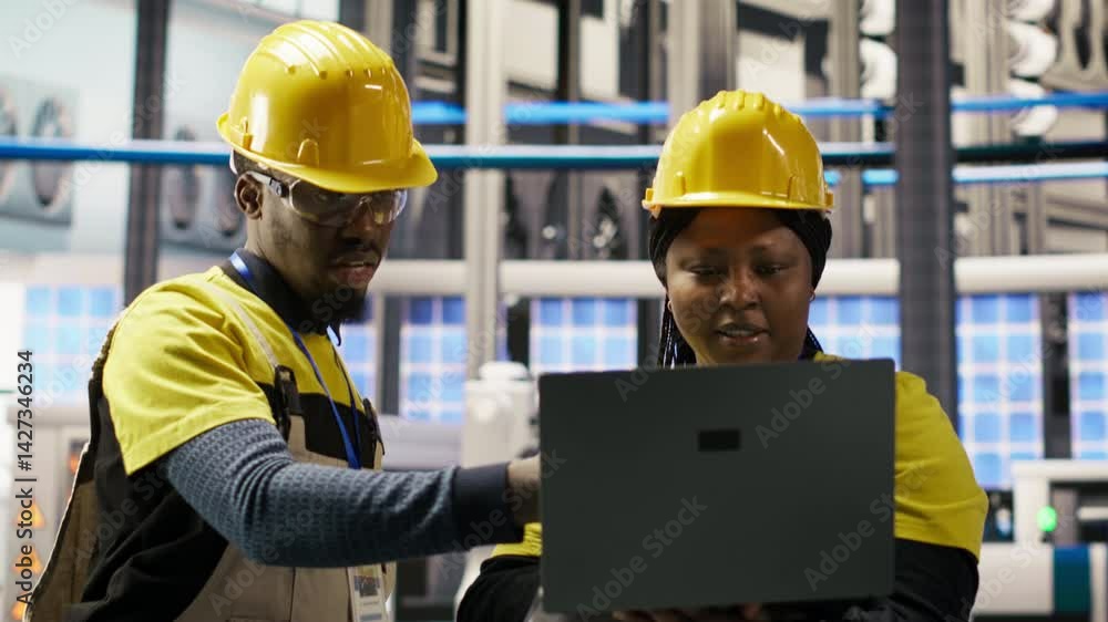 Engineering team working together in photovoltaics factory, looking at system performance metrics. Teamworking colleagues in industry 4.0 plant track energy production through IoT sensors, camera B Engineering team working together in photovoltaics factory, looking at system performance metrics. Teamworking colleagues in industry 4.0 plant track energy production through IoT sensors, camera B