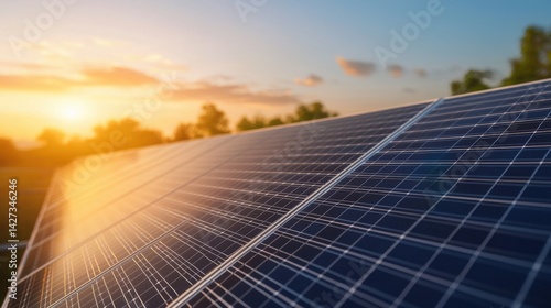 Solar panels reflecting sunlight at sunset.