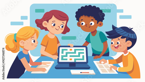 A group of determined kids work together to code a maze game testing their programming skills as they try to make it to the end.. Vector illustration