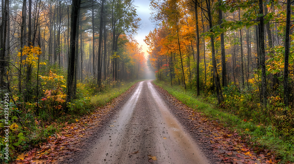 Obraz premium Autumn Forest Dirt Road With Fall Foliage