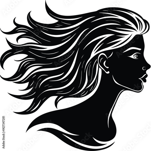 Silhouette of a Woman with Flowing Hair: Vector Illustration, Beauty, Fashion, Hairstyle, Portrait, Profile, Elegant Design