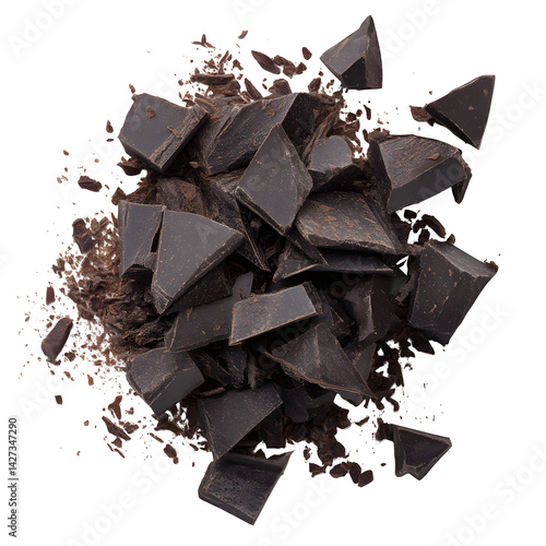 Pile chopped, milled dark chocolate flying isolated on white, top view --v 7.0