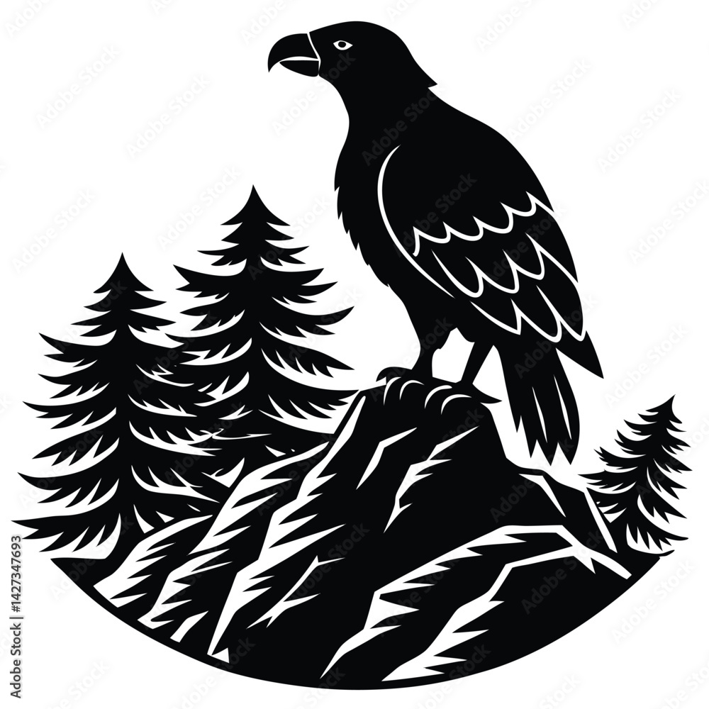 Obraz premium Majestic Black Eagle Perched on Mountain Peak Vector Illustration | Wilderness Scene with Pine Trees | Nature Graphic Design
