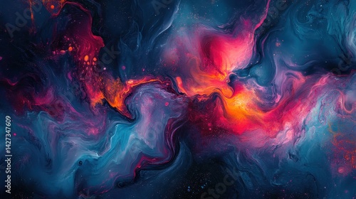 Vibrant, swirling abstract paint textures blend fiery reds and oranges with cool blues and purples, creating a cosmic, fluid effect