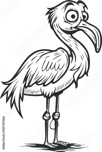 A whimsical cartoon illustration of a funny bird character with exaggerated features.