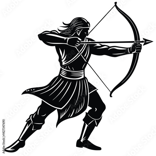Archer Drawing: Black and White Illustration of a Warrior with Bow and Arrow, Aiming, Archery Art, Warrior Illustration