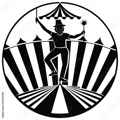 Vintage Circus Performer Illustration: Black and White Graphic of a Ringmaster with Tent, Retro Carnival Design, Vector Art