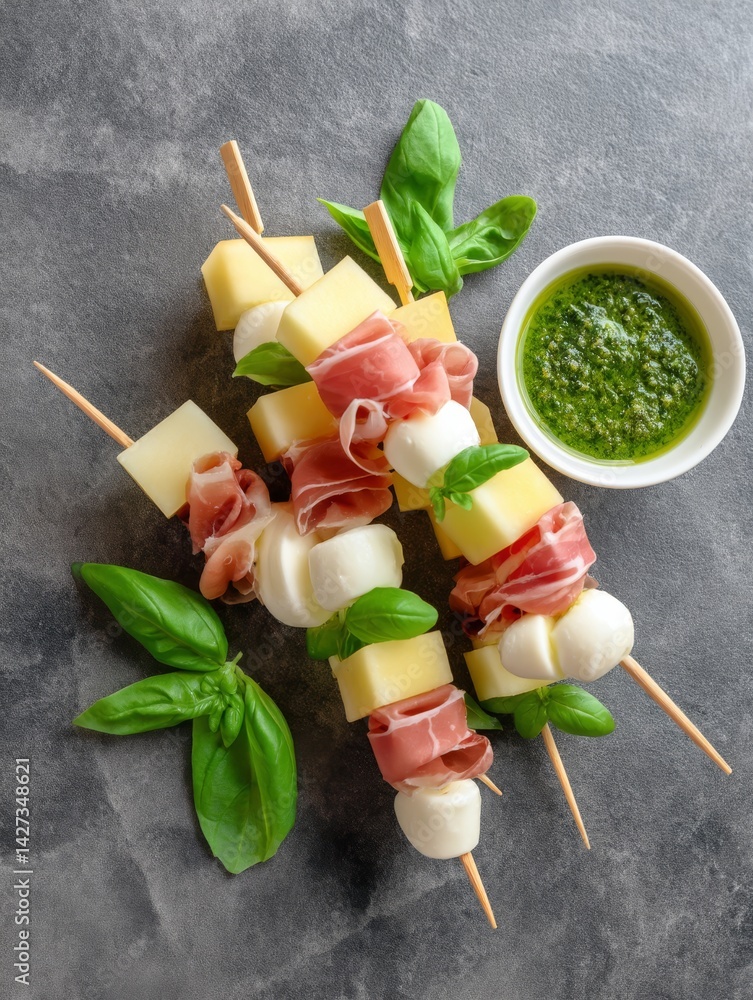 Appetizer Skewers with Melon, Mozzarella, and Prosciutto Delight