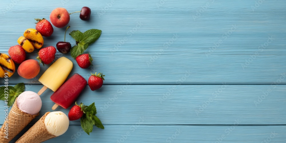 Refreshing Summer Food Selection with Ice Cream and Fruits