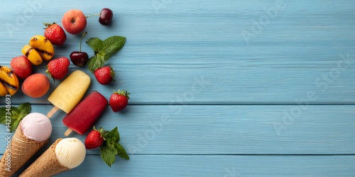 Refreshing Summer Food Selection with Ice Cream and Fruits