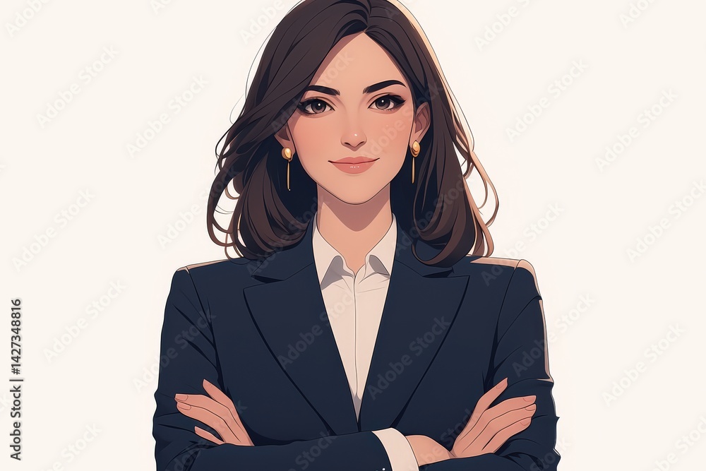 Animated woman in business suit with arms crossed, confident pose Animated woman in business suit with arms crossed, confident pose