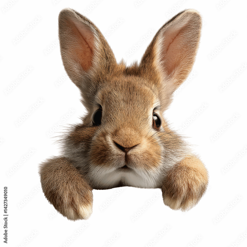 Fototapeta premium Adorable Brown Bunny Rabbit Peeking Over Blue Background