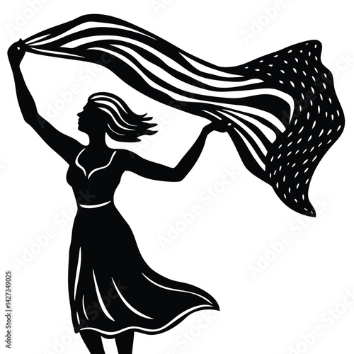 Silhouette of Woman Holding American Flag: Patriotic Art, Stars and Stripes, Feminine Symbolism, Freedom Illustration