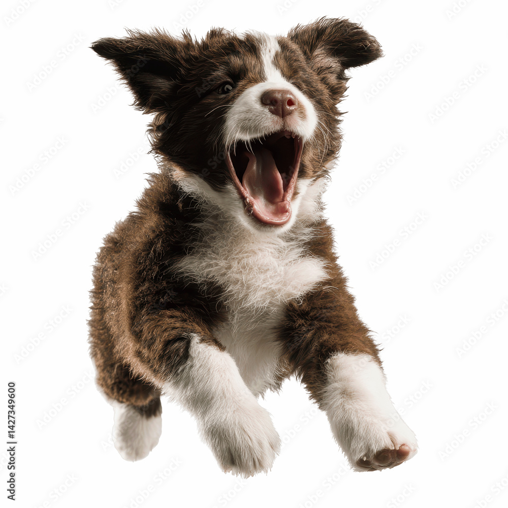 Fototapeta premium Joyful Brown and White Puppy in Mid-Air Leap