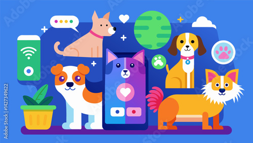A colorful graphic showcasing the various pets and breeds that can benefit from the customizable smart toy app.. Vector illustration