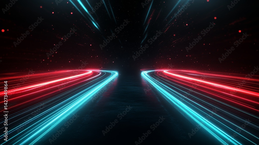 Obraz premium Abstract Glowing Red and Cyan Frequency Waves on Dark Background