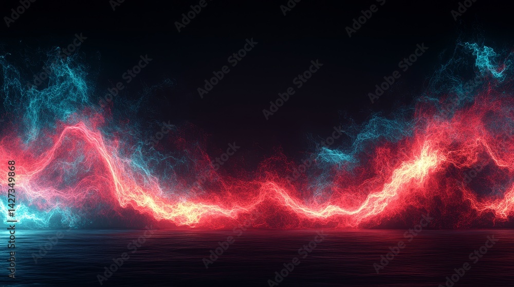 Obraz premium Abstract Glowing Red and Cyan Waves of Particles on Dark Background