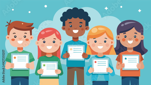 A group of smiling children proudly holding up their Digital Citizenship Certificates each with their own unique design and personalized name.. Vector illustration