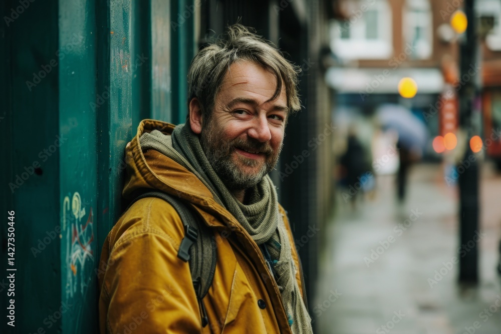 portrait of a bearded man in a yellow jacket in the city portrait of a bearded man in a yellow jacket in the city