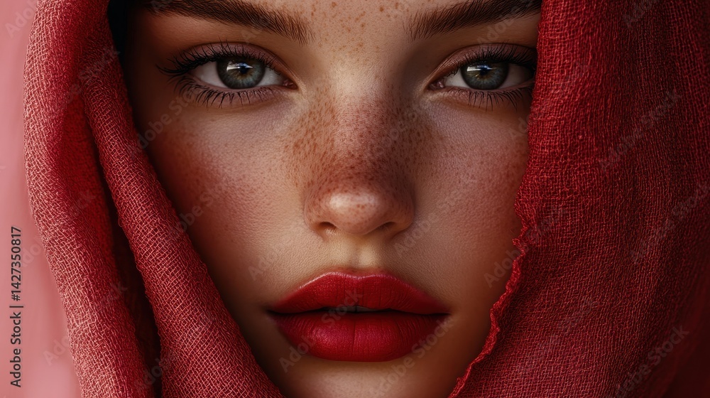 Striking close-up of a woman with freckles and bold red lips, partially veiled in textured crimson fabric. Intense gaze and captivating beauty Striking close-up of a woman with freckles and bold red lips, partially veiled in textured crimson fabric. Intense gaze and captivating beauty