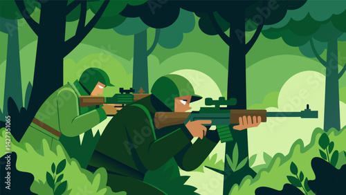 A sniper team patiently waits hidden in the trees scanning the area for any movement from the opposing team ready to strike at any moment.. Vector illustration