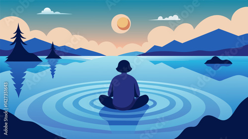 A person sitting at the edge of a lake watching the ripples on the water as they contemplate life.. Vector illustration