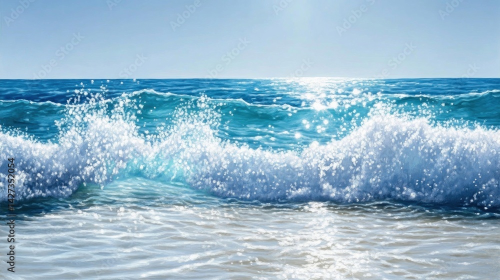 Fototapeta premium Sparkling ocean waves crash on a sun-drenched beach.