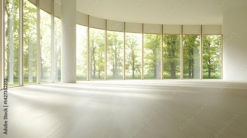 Fototapeta premium Modern Empty Room With Large Windows And Tree View