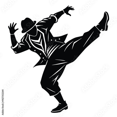 Silhouette of a Stylish Dancer in Hat: Vector Illustration of a Man Performing a Dynamic Dance Move, Dance Icon, Dance Vector Art