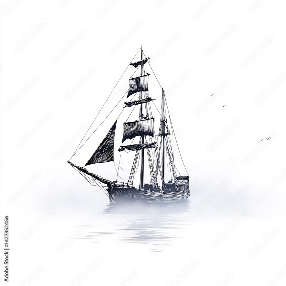 Fototapeta premium ghost ship torn sails fog spooky pirate