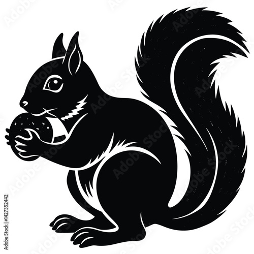 Black Squirrel Illustration: Detailed Vector Graphic of Squirrel Holding Nut, Wildlife Animal Art, Nature Design, Isolated Image