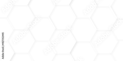 Minimal white hexagonal hexagon modern technology creative emboss light honeycomb polygonal web. abstract geometric science and mosaic tile with template texture background.	