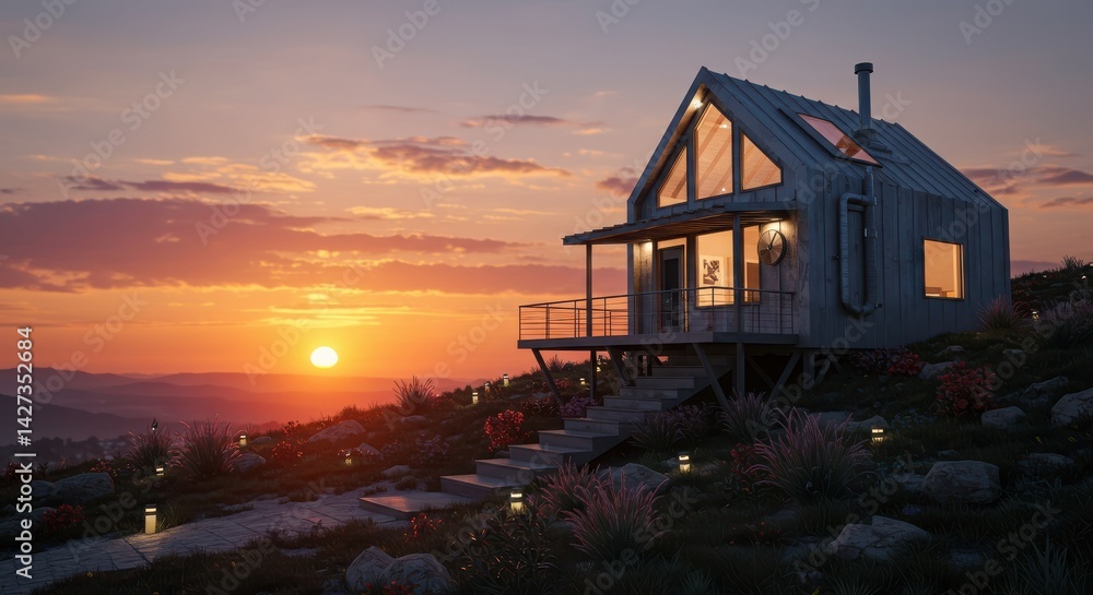 Modern elevated house with large windows during sunset on a hillside Modern elevated house with large windows during sunset on a hillside