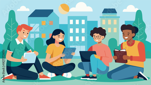 A study group taking a break to discuss student discounts and freebies available in their college town.. Vector illustration