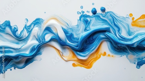 Swirling blue and golden fluid creates an abstract, wave-like pattern against a white background. Dynamic and artistic