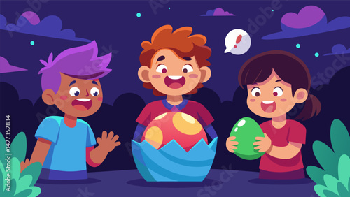 Excitement builds as one of the junior gamers discovers a hidden Easter egg in the game causing them to excitedly share it with their friends.. Vector illustration
