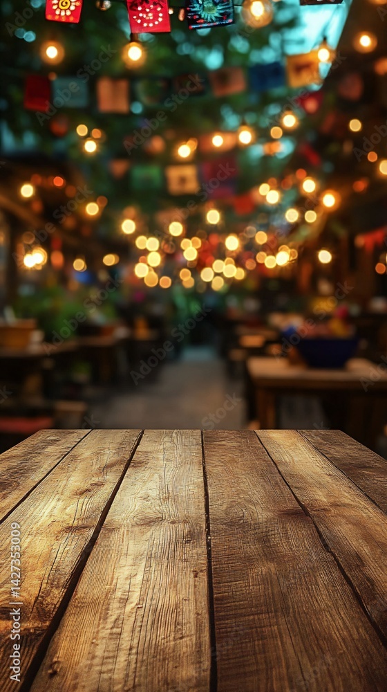 Warm and inviting rustic wooden tabletop adorned with festive decorations, perfect for a Mexican restaurant setting or vibrant party celebrations. Warm and inviting rustic wooden tabletop adorned with festive decorations, perfect for a Mexican restaurant setting or vibrant party celebrations.