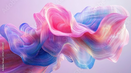 Abstract flowing ribbons of vibrant pink, blue, and gold create a dynamic, textured sculpture against a soft purple backdrop