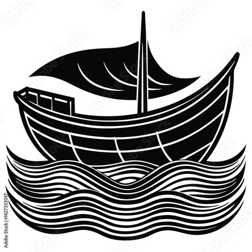 Black and White Vector Illustration of a Traditional Dhow Boat Sailing on Wavy Water, Simple Nautical Art Graphic
