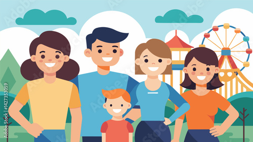 A family spending the day at an amut park enjoying each others company and the thrill of rides instead of constantly taking photos for social media.. Vector illustration