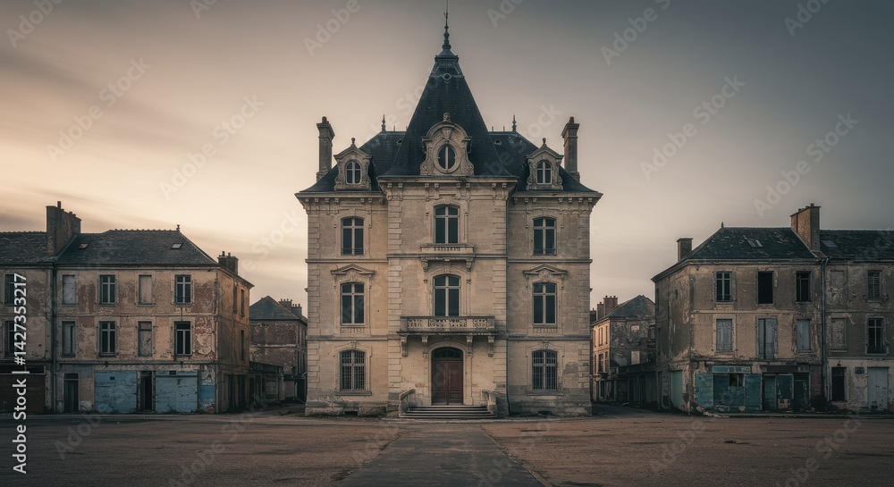 Fototapeta premium Historic building with ornate stonework in a quiet, empty urban square