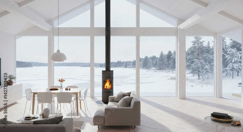 Fototapeta premium Modern living room with fireplace and panoramic view of snowy landscape