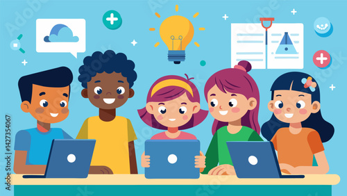 A group of kids in a coding club collaborate on a project using their imagination and smart technology to bring their ideas to life.. Vector illustration
